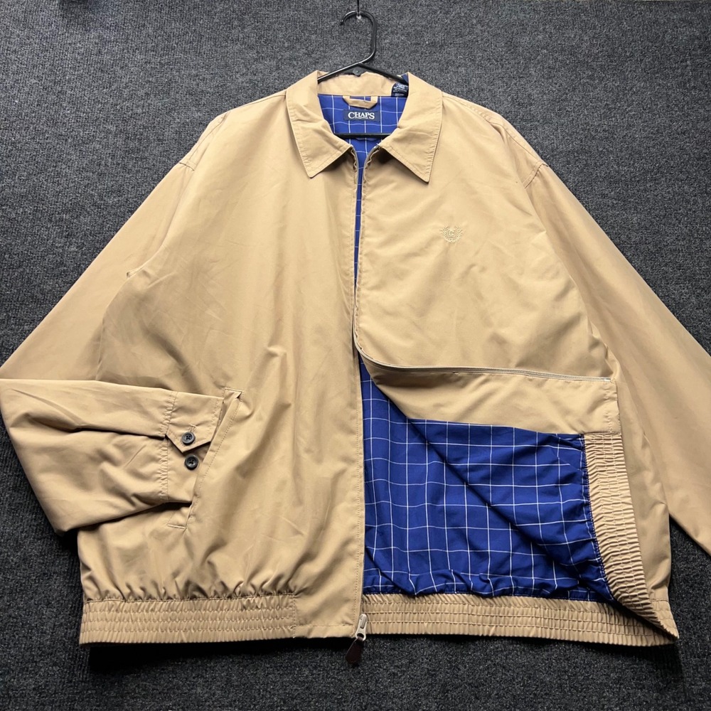Chaps Mens Harrington Jacket XXL Tan Beige Full Zip Plaid Lined Windbreaker 2786